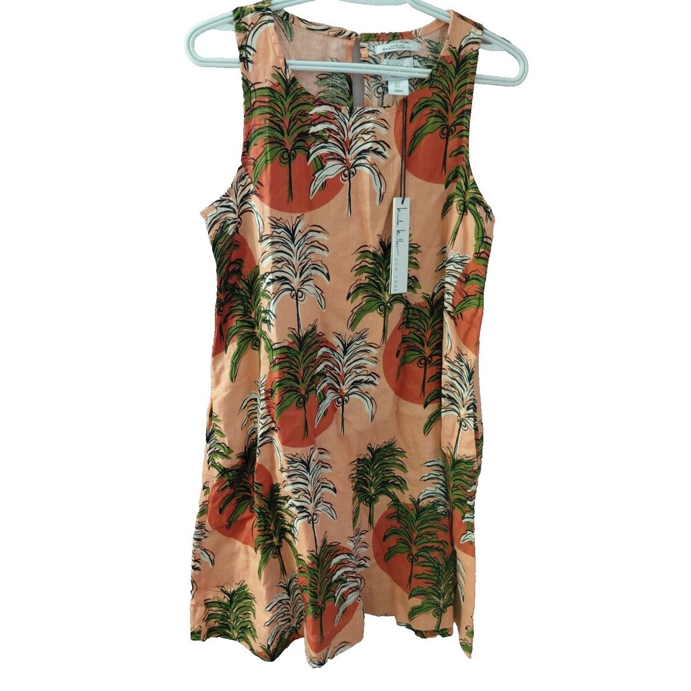 NWT Nicole Miller 100% Linen Tropical Floral Shift Dress Size Small w/ Pockets